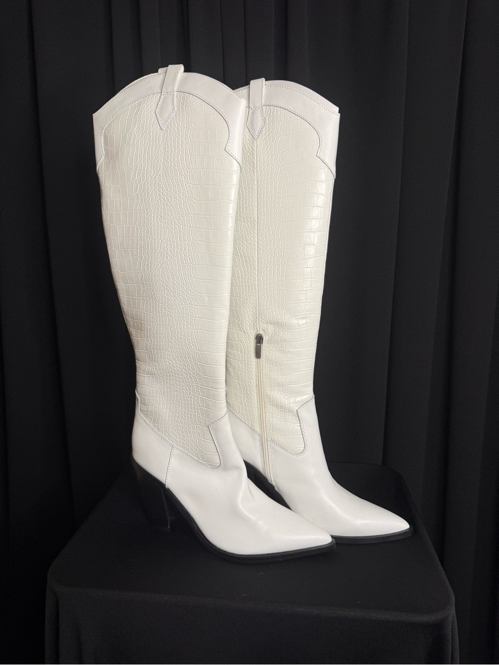 Nine West White Croc-Embossed Knee-High Pointed Toe Stiletto Boots